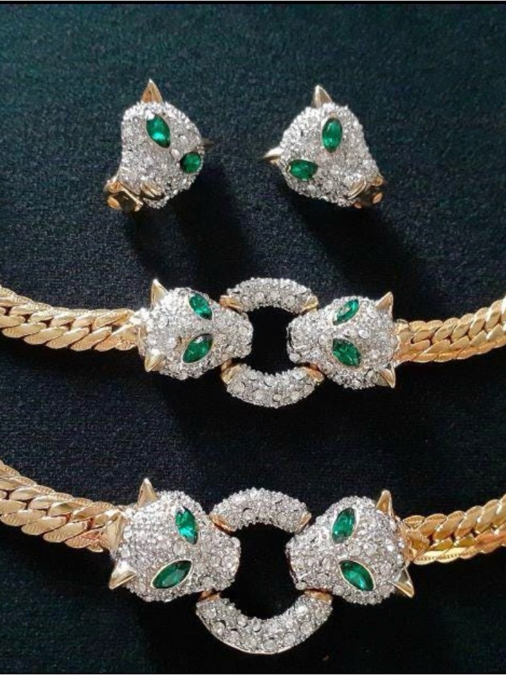 Vintage Greeb Rhinestone Eye Panther Necklace, Bracelet and Earring Set